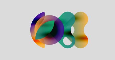 Soyut renkli şekiller çakışıyor ve sıvı formlar yaratıyor. Yumuşak gradyanlar mor, turuncu ve yeşil renkleri harmanlarlar. Minimalist tasarım, hafif arkaplan.