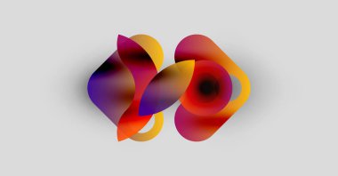 Soyut renkli şekiller örtüşür, dinamik görsel efekt yaratır. Yumuşak gradyanlar mor, kırmızı, sarı renkleri harmanlarlar. Beyaz arkaplanda minimalist tasarım.