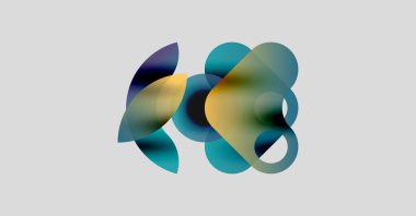 Soyut şekiller örtüşüyor, renkli gradyanlar yaratıyor. Teal, altın ve mor renkler açık gri arkaplanda yavaşça harmanlanır. Modern tasarım.