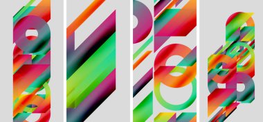 Soyut geometrik paneller canlı gradyanları, üst üste binen şekilleri, modern tasarımı gösterir. Renkli bileşim dinamik görsel etki yaratır.