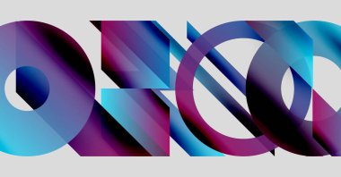 Soyut kompozisyon. Üst üste binen şekiller, canlı maviler, morlar dinamik görsel deneyimler yaratır. Modern tasarım, geometrik biçimler mevcut.