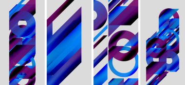 Soyut geometrik bileşim. Mavi, mor gölgeler baskın. Paneller katmanlı şekilleri, dinamik açıları, modern estetiği gösterir.