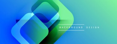 Soyut geometrik şekiller örtüşüyor, canlı mavi, yeşil bir eğim yaratıyor. Modern tasarım elementleri teknoloji ve yenilik öneriyor.