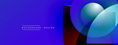 Soyut tasarım canlı mavi, kırmızı gradyanlar içerir. Üst üste binen daireler dinamik görsel efekt yaratır. Metin arkaplan tasarımı okur.