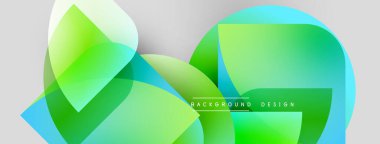 Soyut şekiller örtüşüyor, canlı yeşil, mavi gradyanlar yaratıyor. Açık gri arkaplan ince bir kontrast sağlar. Modern tasarım ögesi.