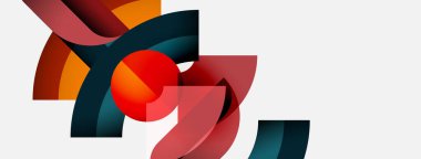 Soyut şekiller örtüşür, dinamik bileşim yaratır. Kırmızı küre, kıvrımların arasında odak noktası ekler, sıcak tonlar baskın gelir..