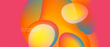 Soyut sıvı şekilleri örtüşür ve canlı renk değişimleri yaratır. Pembe arka plan sıcak turuncu ve sarı renkleri tamamlar. Modern tasarım ögesi.