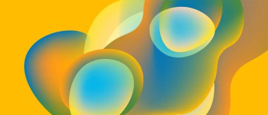 Soyut şekiller örtüşür, canlı renk karışımları yaratır. Sarı arkaplan sıvı formlarını, gradyanları, pürüzsüz geçişleri vurgular.