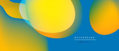 Soyut sıvı şekiller harmanlanır, canlı sarı, turuncu, mavi renkler modern arkaplan tasarımı yaratır. Yumuşak gradyanlar dinamik görsel cazibe sunar.