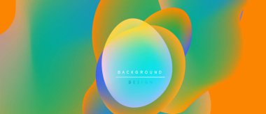 Soyut sıvı şekilleri harmanlanarak canlı turuncu, deniz mavisi ve sarı renkler yaratır. Metin, merkez çember içinde arkaplan tasarımı okuyor. Modern, renkli kompozisyon.