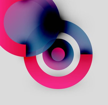 Soyut kompozisyon. Üst üste binen daireler, canlı renkler, gradyanlar dinamik görsel efekt yaratır. Modern tasarım, basit arkaplan.