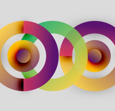 Soyut renkli çemberler çakışıyor, canlı gradyanlar yaratıyor. Modern tasarım, basit şekiller, görsel uyum..