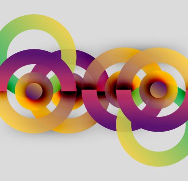Soyut renkli halkalar üst üste binerek dinamik görsel kompozisyon oluşturuyor. Parlak renkler harmanlanır ve ilginç desenler oluşturur. Modern tasarım.