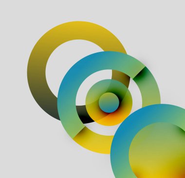 Soyut daireler örtüşüyor, canlı renk eğimleri yaratıyor. Sarılar, yeşiller, maviler güzelce harmanlanır. Minimalist tasarım, modern estetik.