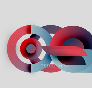 Soyut geometrik şekiller örtüşüyor, canlı renk eğimleri yaratıyor. Kırmızı, mavi, koyu tonlar kompozisyona hakim. Modern tasarım ögesi.