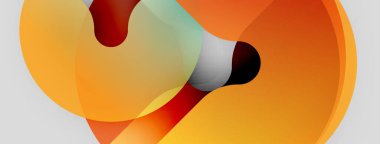 Soyut şekiller örtüşüyor, canlı turuncu, kırmızı, gök mavisi renkleri yaratıyor. Yumuşak kıvrımlar akışkan hareketi, modern tasarım.