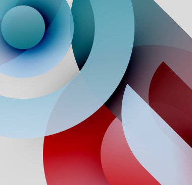 Soyut kompozisyon. Üst üste binen daireler, gradyanlar, serin ve ılık tonlarda dinamik görsel efektler yaratır. Minimalist tasarım.