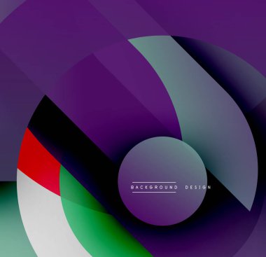 Soyut geometrik tasarım. Üst üste binen şekiller dinamik bileşim yaratır. Mor, yeşil, kırmızı renkler görsel alana hakim. Modern estetik.