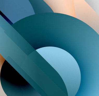 Soyut kompozisyon. Üst üste binen şekiller derinlik yaratır, serin maviler, deniz mavisi, turuncu renkler kullanarak. Minimalist tasarım, pürüzsüz gradyanlar.