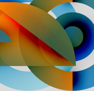 Soyut kompozisyon. Üst üste binen renkli kavisler, daireler dinamik görsel efektler yaratır. Parlak renkler harmanlanır, kontrasttır. Modern tasarım.