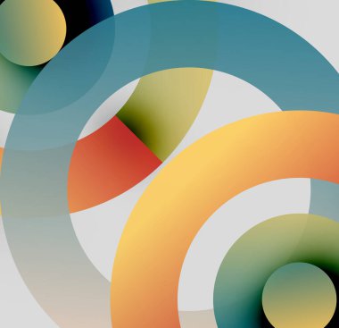 Soyut kompozisyon. Üst üste binen daireler, gradyanlar, canlı renkler dinamik görsel deneyimler yaratır. Modern tasarım elemanları.