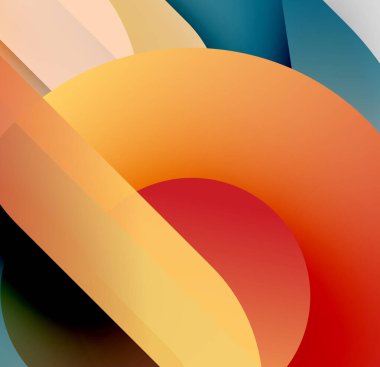 Soyut kompozisyon. Üst üste binen şekiller canlı renk değişimleri yaratır. Sıcak tonlar havalı aksanlarla baskın gelir. Modern tasarım.