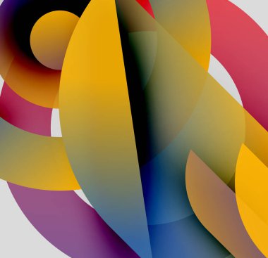 Soyut şekiller örtüşür, canlı renk karışımları yaratır. Yumuşak eğim biçimleri tanımlar, derinliği ve hareketi gösterir. Modern tasarım.