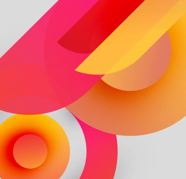 Soyut kompozisyon. Üst üste binen daireler, canlı renkler, gradyanlar dinamik görsel deneyimler yaratır. Modern tasarım, pürüzsüz geçiş.