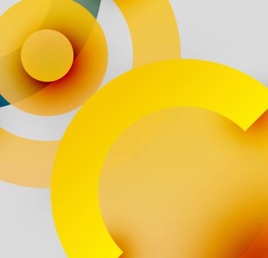 Üst üste binen daireler, gradyanlar içeren soyut kompozisyon. Sıcak sarı, turuncu renkler nötr arka plana hakim. Modern tasarım elemanları.