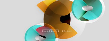 Soyut geometrik şekiller örtüşür, dinamik görsel kompozisyon yaratır. Turuncu, deniz mavisi renkleri nötr arka plana hakim. Modern tasarım ögesi.