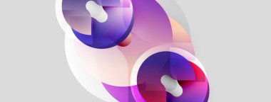 Üst üste binen daireler, canlı mor renkler, yumuşak eğimler, beyaz elementler içeren soyut bir kompozisyon. Modern tasarım, temiz estetik.