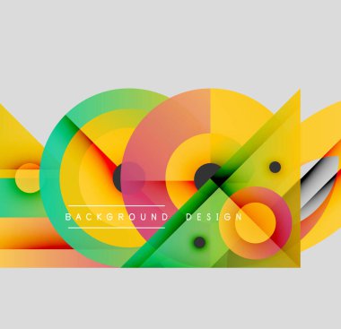 Soyut renkli şekiller çakışıyor. Dinamik bileşim daireler, üçgenler, gradyanlar içerir. Modern tasarım elementleri görsel ilgi yaratır.