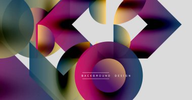 Soyut geometrik şekiller örtüşüyor, canlı renk eğimleri yaratıyor. Tasarım daireler, kareler, üçgenler, pürüzsüz dönüşümler. Modern estetik.