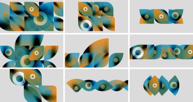 Soyut şekiller, canlı renkler, geometrik desenler. Üst üste binen formlar dinamik kompozisyonlar oluşturur. Yumuşak eğimler, modern tasarım elementleri.