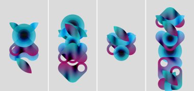 Soyut şekiller, canlı renkler, katmanlı şekiller modern sanat panelleri oluşturur. Mavi, mor renkler kompozisyona hakim. Minimalist tasarım.