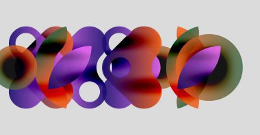 Üstüste binen şeffaf daireler içeren soyut bir kompozisyon. Renkler arasında mor, turuncu, yeşil, dinamik görsel etki yaratan.