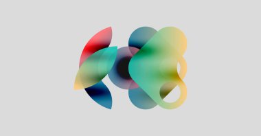 Soyut renkli şekiller örtüşüyor, canlı gradyanlar yaratıyor. Yumuşak renkler harmanlanır ve dinamik bileşim oluşturur. Minimalist tasarım, hafif arkaplan.