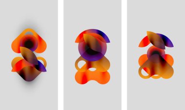 Soyut sanat eserleri. Üç panelde canlı turuncu ve mor şekiller var. Yumuşak gradyanlar akış biçimleri yaratır, minimalist tasarım.