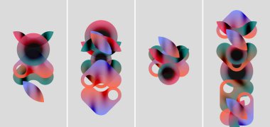 Soyut renkli şekiller örtüşür, dinamik kompozisyonlar oluşturur. Dört panel eğimli geçişleri, yumuşak kenarları, modern estetiği gösteriyor.