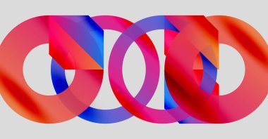 Soyut tasarım özellikleri üst üste binen renkli halkalar. Canlı pembeler, maviler dinamik görsel efektler yaratır. Modern, minimalist kompozisyon.