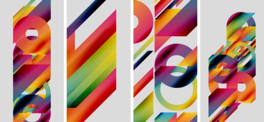 Soyut geometrik paneller canlı renkler ve şekiller gösterir. Modern tasarım gradyan kullanır, üst üste binen formlar dinamik görsel etki yaratır.