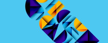 Soyut geometrik şekiller örtüşür, dinamik bileşim yaratır. Mavi arkaplan, canlı sarı ve mor tonlarla tezat oluşturuyor. Modern tasarım.