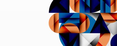 Soyut geometrik şekiller, mavi, turuncu renkler kompozisyona hakim. Keskin açılı minimalist tasarım, temiz çizgiler mevcut. Modern estetik.