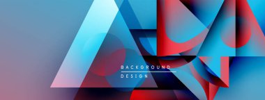 Soyut geometrik şekiller örtüşüyor, canlı mavi ve kırmızı renkler yaratıyor. Modern tasarım elementleri dinamik görsel deneyim önerir.