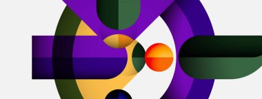 Soyut kompozisyon üst üste binen renkli şekiller içerir. Daireler, dikdörtgenler dinamik görsel etkileşim yaratır. Modern tasarım, canlı renkler egemen..