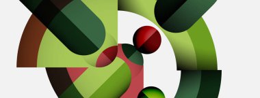 Üst üste binen yuvarlak şekilli soyut kompozisyon. Yeşiller, kırmızılar, kahverengiler palete hakim. Minimalist tasarım, temiz çizgiler, modern estetik..