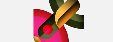 Soyut şekiller örtüşür, canlı renk karışımları yaratır. Pembe, altın, yeşil renkler kompozisyona hakim. Modern tasarım, basit arkaplan.