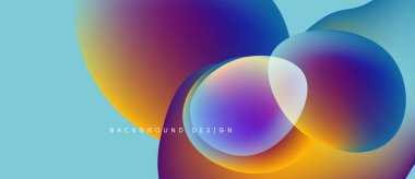 Soyut, enerjik çemberler çakışıyor, renkli gradyanlar yaratıyor. Mavi, mor, turuncu renkler tasarımda baskın. Modern estetik.