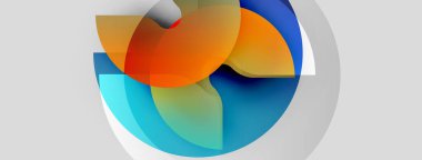 Soyut renkli şekiller örtüşüyor, dinamik dairesel tasarım yaratıyor. Gradyan renkler harmanlanır, hareket, enerji, yenilik önerilir.