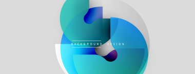 Soyut sıvı şekilleri üst üste binerek dinamik bileşim oluşturur. Mavi, turkuaz renkler açık gri arkaplana hakim. Modern tasarım ögesi.